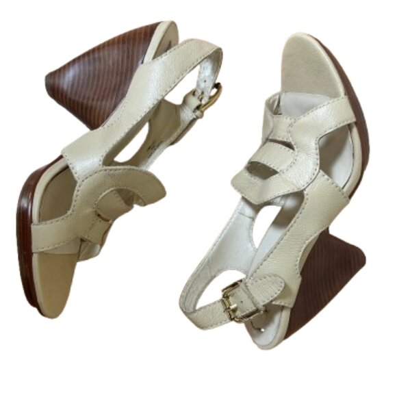 MAX STUDIO Cream Nude Platform Wood Heels Sandals Size 8.5 - Picture 1 of 14